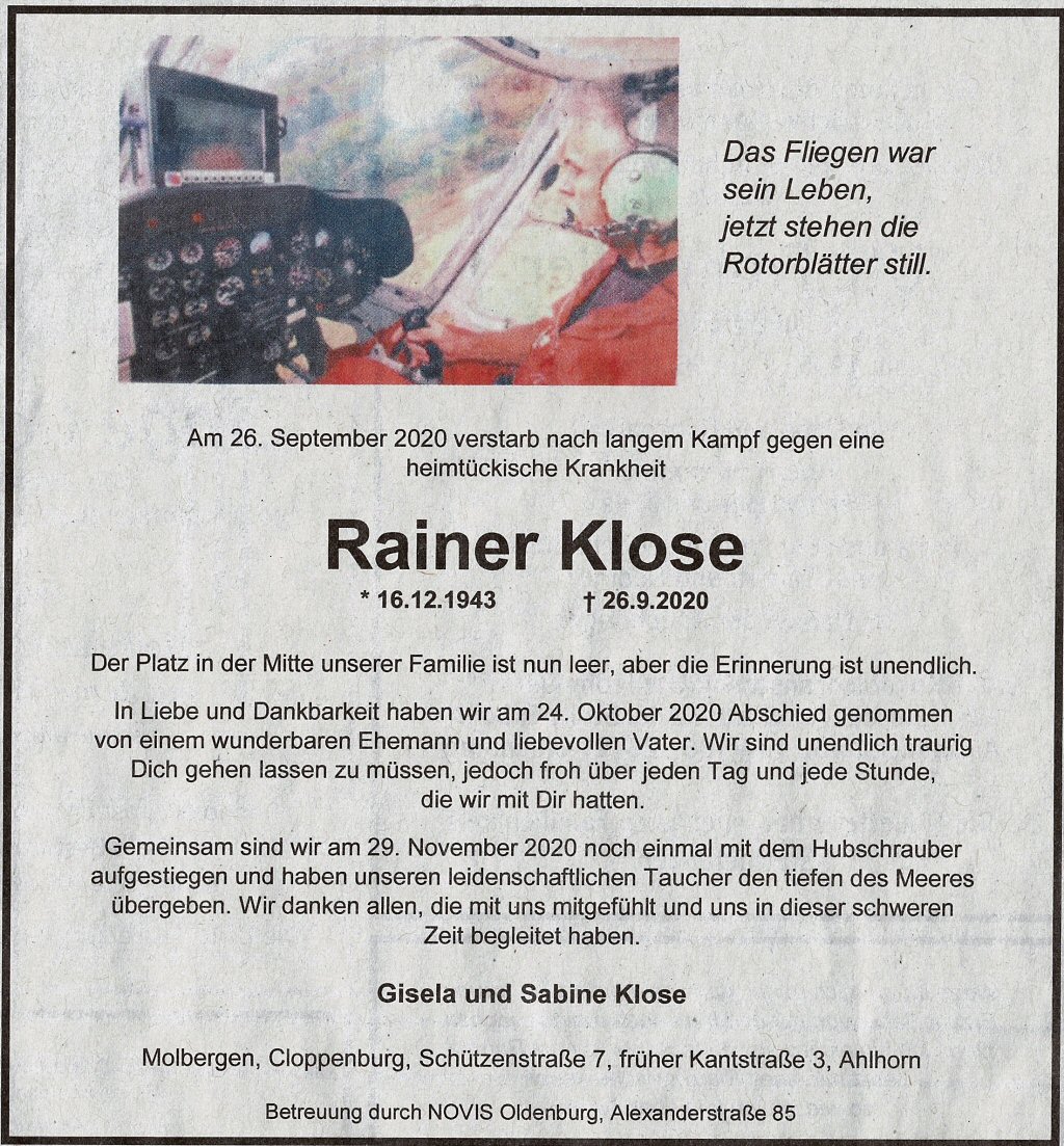 Rainer Klose Todesanzeige